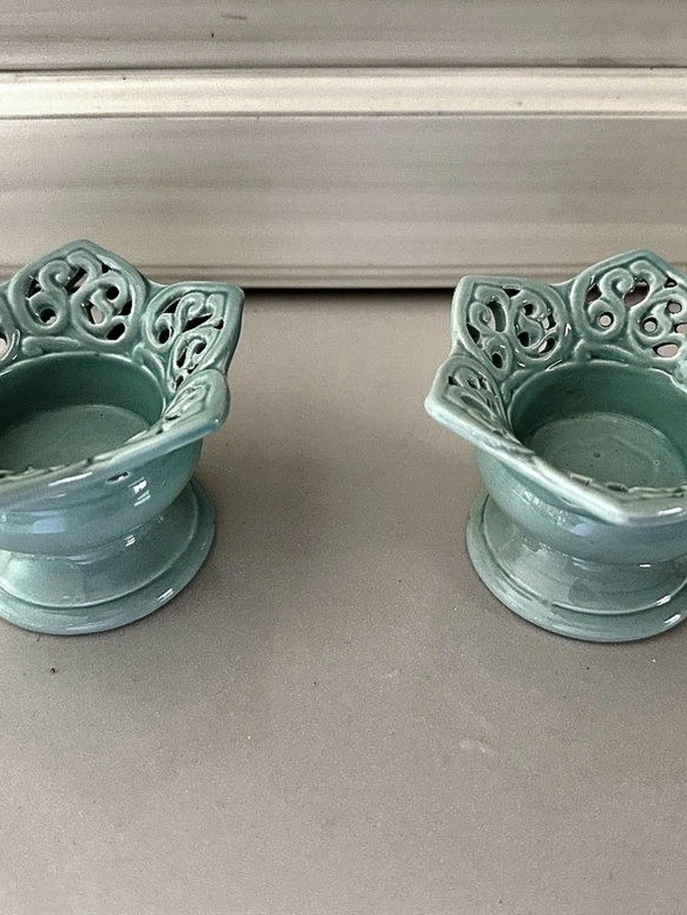 Pair of Green Ornate Ceramic Tealight Holders, Like New